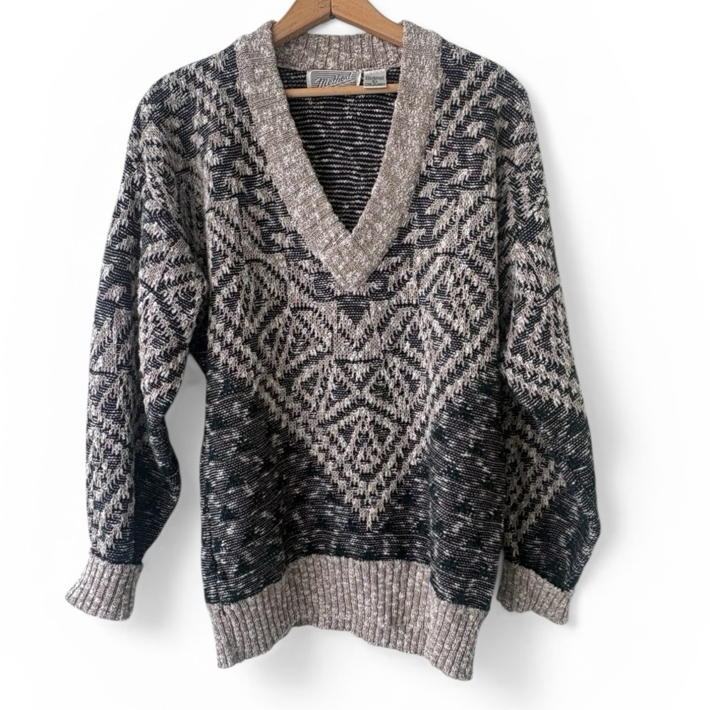Vintage METHOD Textured Knit Sweater V Neck Geometric Taupe Black Size Large